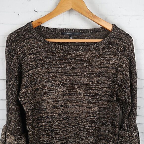 ENDLESS ROSE BLACK & GOLD METALLIC LONG RUFFLE BELL SLEEVE ROUND NECK TOP SIZE S - Picture 6 of 11